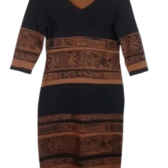 Peruvian Connection Black/Brown Aztec Print Pima Cotton Sweater Dress Size M - Picture 3 of 11
